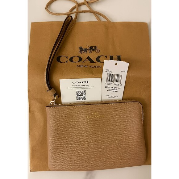 NWT Coach Corner Zip Wristlet Crossgrain Leather 58032 Wallet Bag  Taupe - Picture 1 of 7
